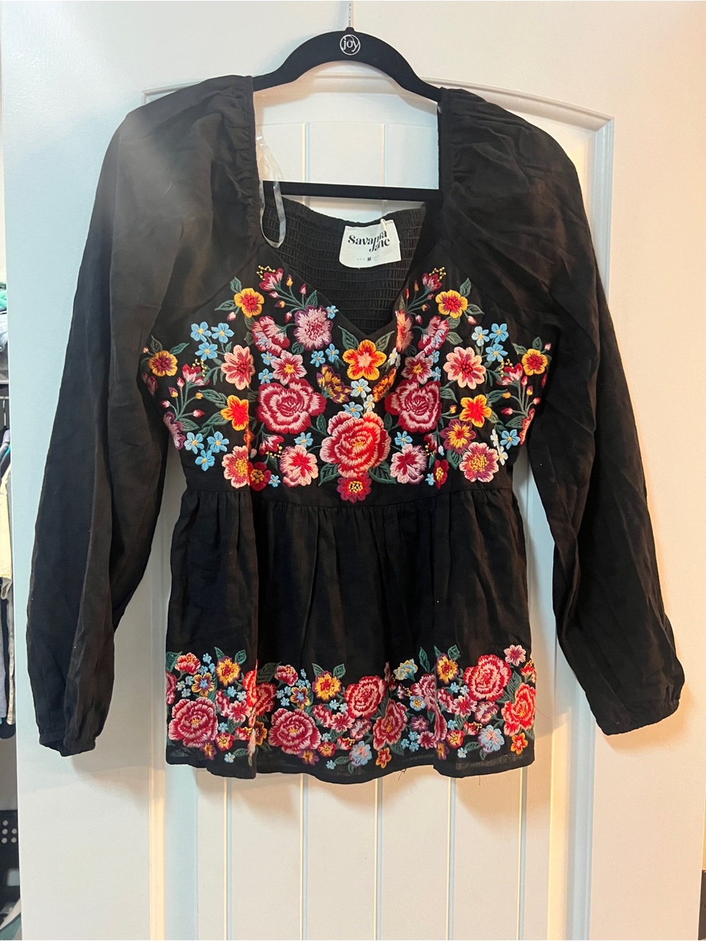 Savanna Jane Black Peasant Top with Colorful Floral Embroidery
